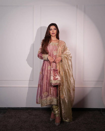Glimmering Embroidery Sequins And Moti Work Peach Color Anarkali Suit