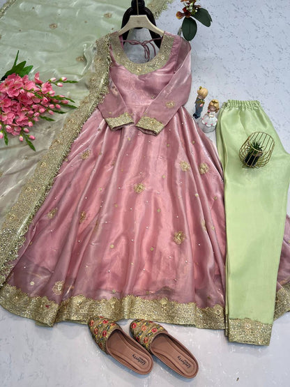 Glimmering Embroidery Sequins And Moti Work Peach Color Anarkali Suit