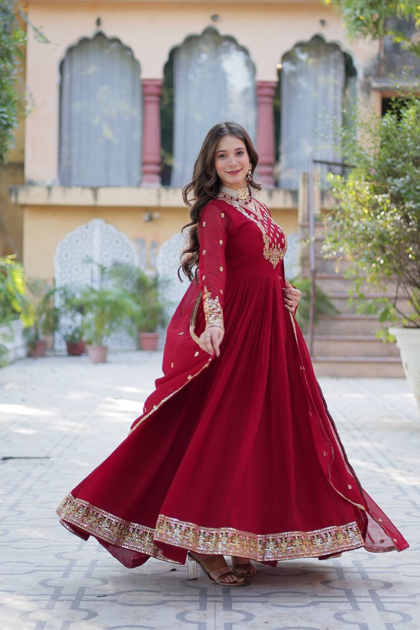 Delightful Sequins Embroidered Work Maroon Color Gown With Dupatta