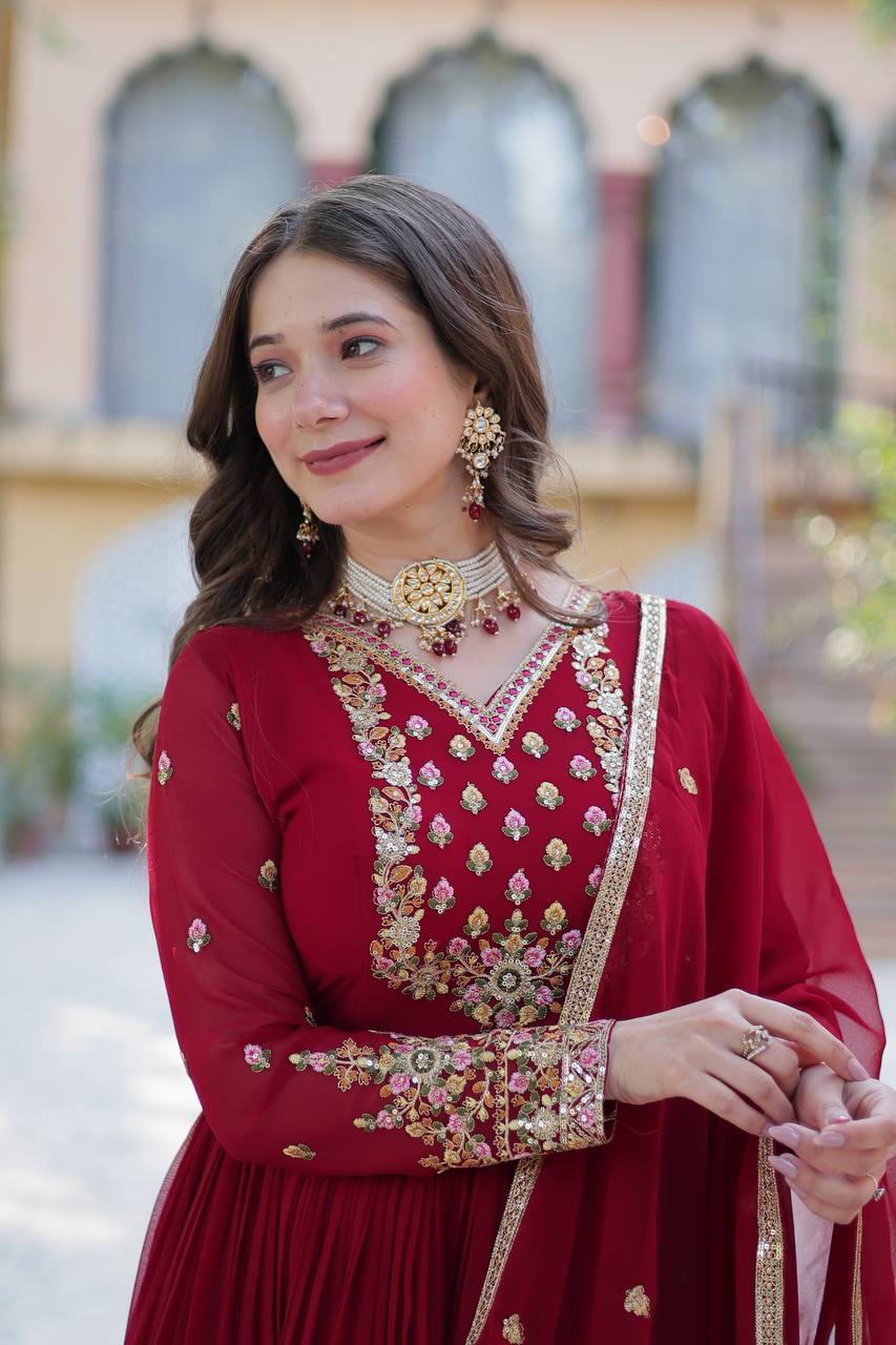 Delightful Sequins Embroidered Work Maroon Color Gown With Dupatta