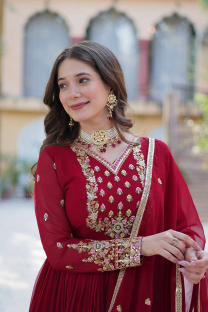 Delightful Sequins Embroidered Work Maroon Color Gown With Dupatta