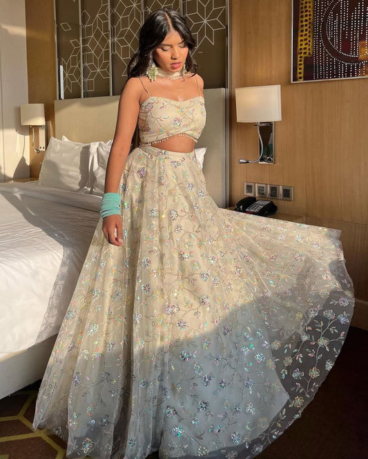 Pattern Wedding & Party Wear Embroidery Sequins Work White Color Lehenga Choli