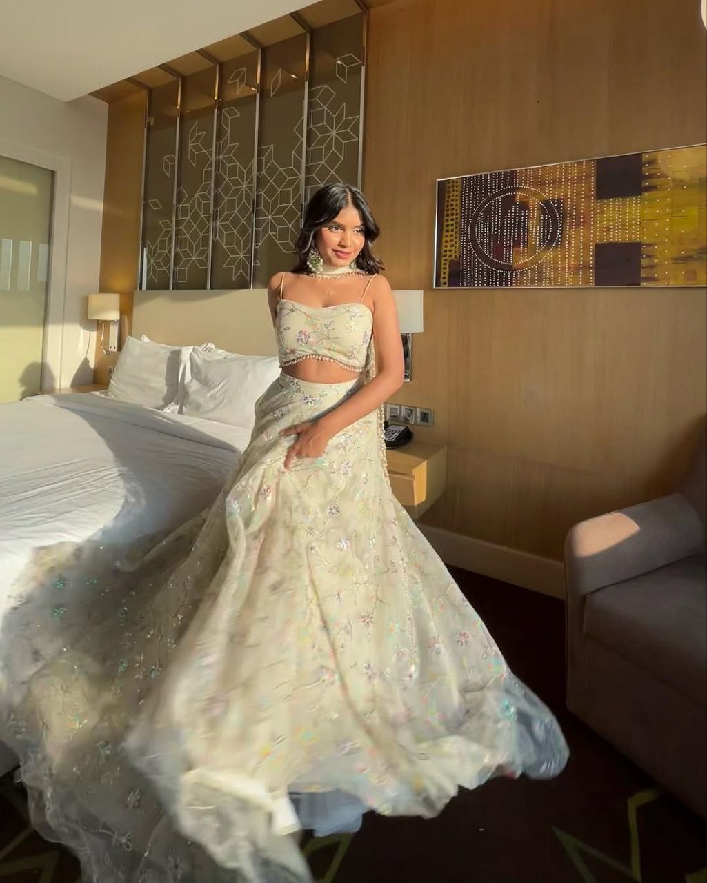 Pattern Wedding & Party Wear Embroidery Sequins Work White Color Lehenga Choli