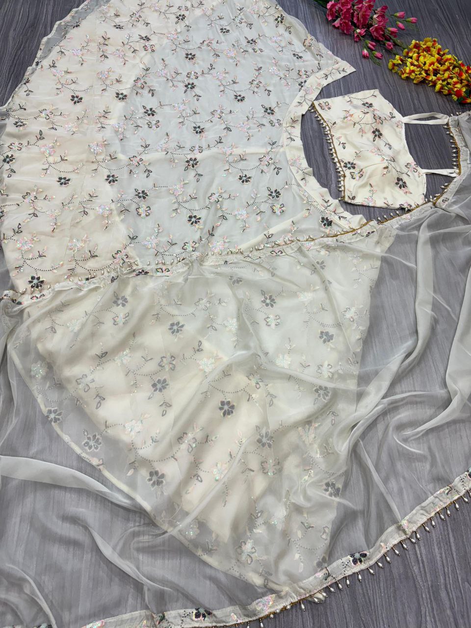 Pattern Wedding & Party Wear Embroidery Sequins Work White Color Lehenga Choli