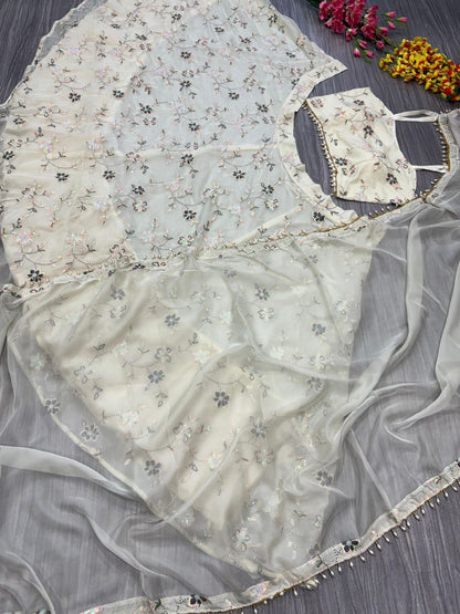 Pattern Wedding & Party Wear Embroidery Sequins Work White Color Lehenga Choli