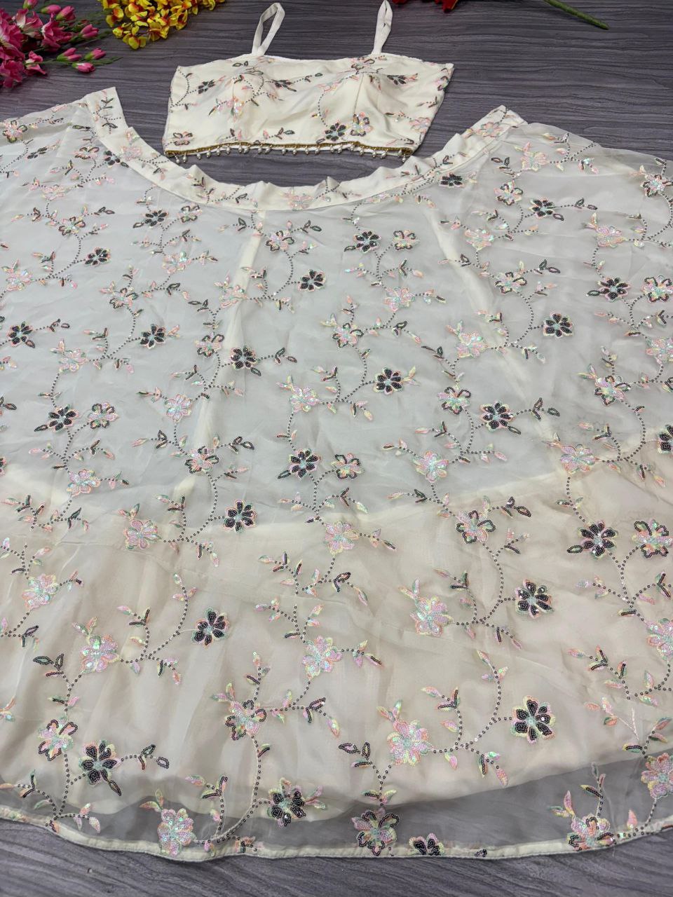 Pattern Wedding & Party Wear Embroidery Sequins Work White Color Lehenga Choli
