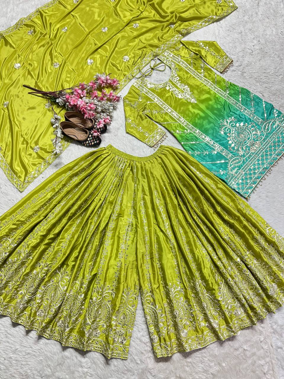 Wonderful Coding Sequence Work Green Color Sharara Suit