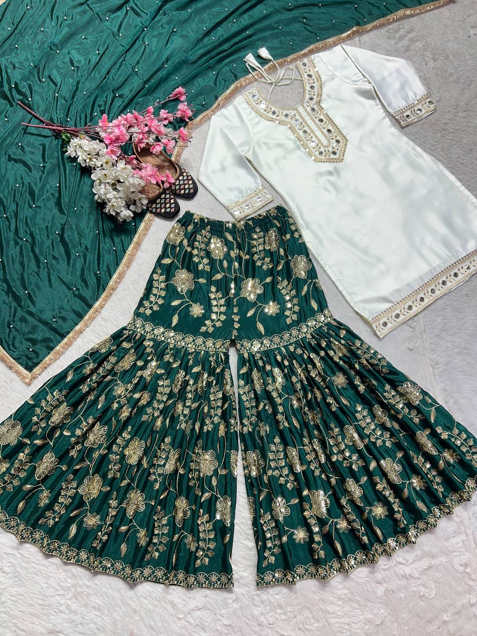 Delightful Embroidery Sequence Work Green Color Sharara Suit