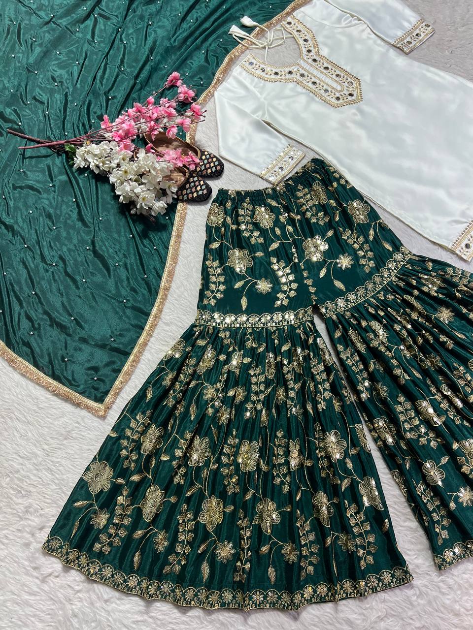 Delightful Embroidery Sequence Work Green Color Sharara Suit