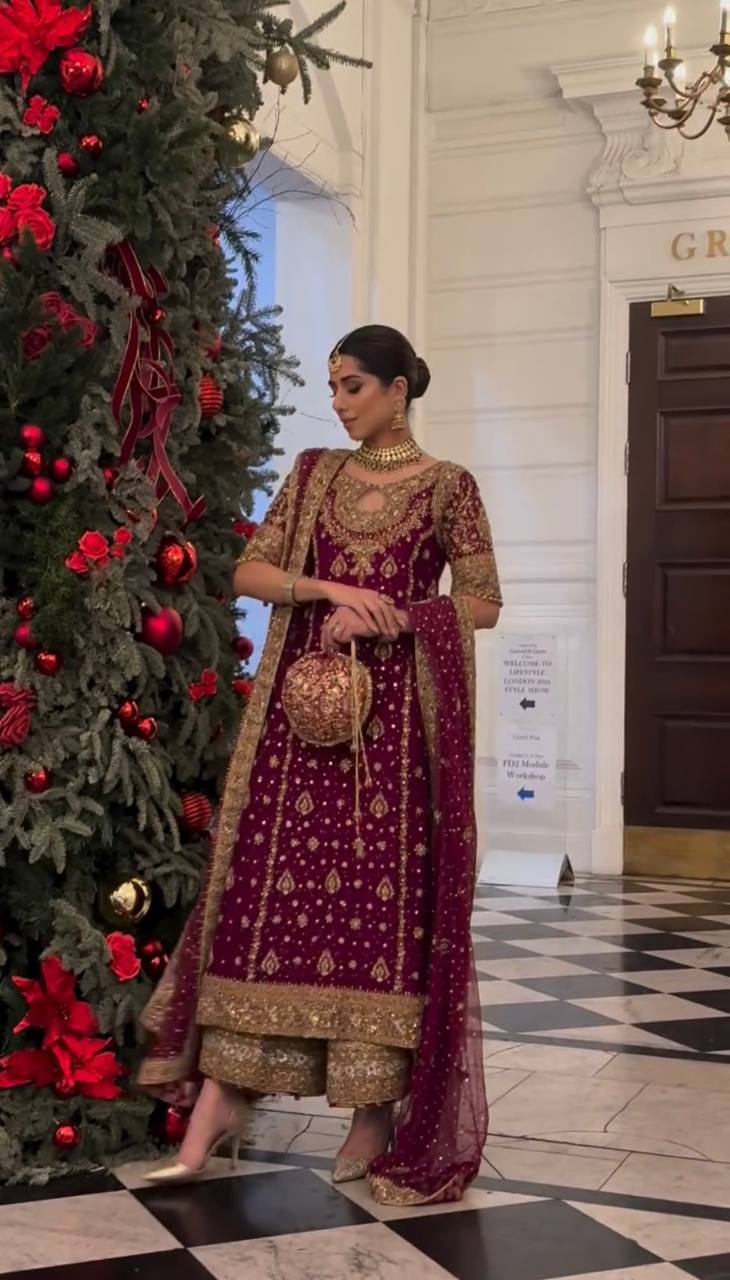 Georgette Embroidery Work Maroon Color Palazzo Suit