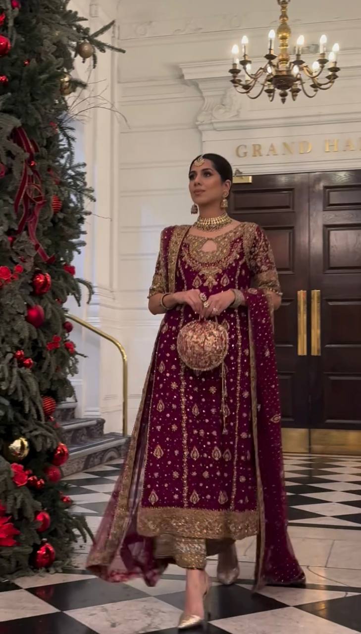 Georgette Embroidery Work Maroon Color Palazzo Suit