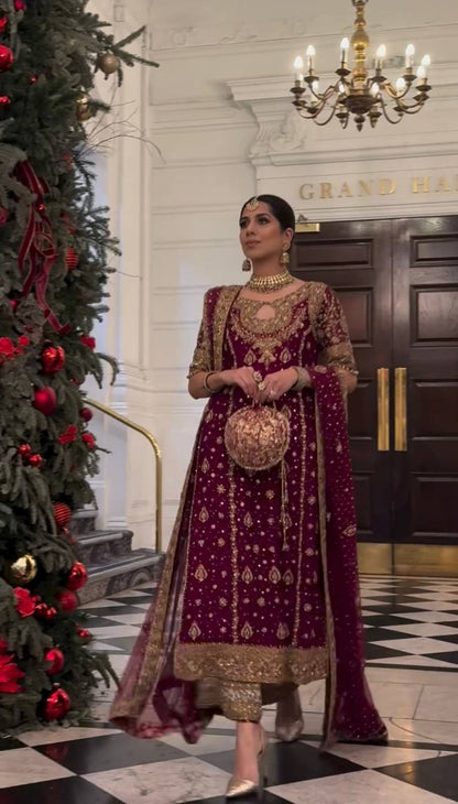 Georgette Embroidery Work Maroon Color Palazzo Suit