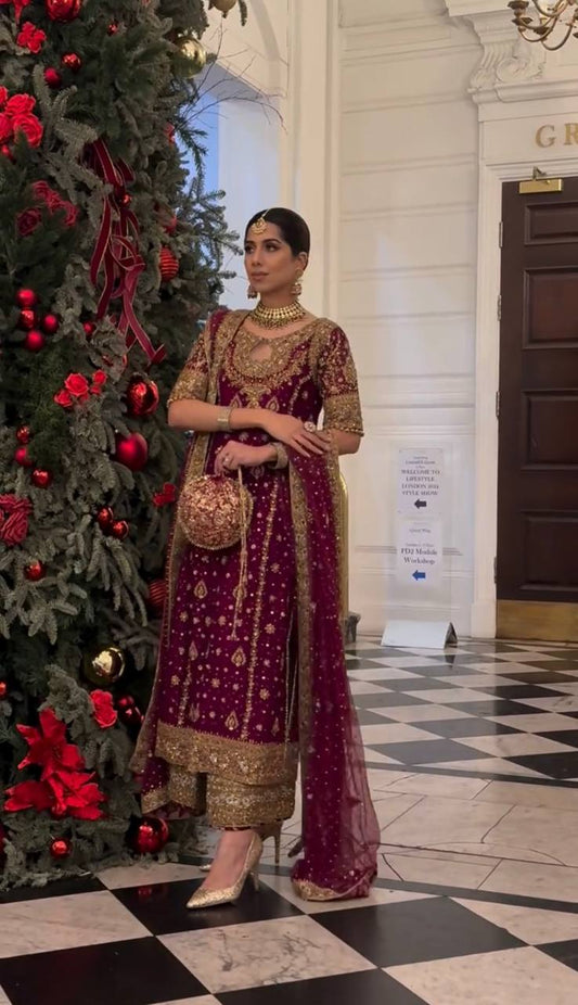 Georgette Embroidery Work Maroon Color Palazzo Suit