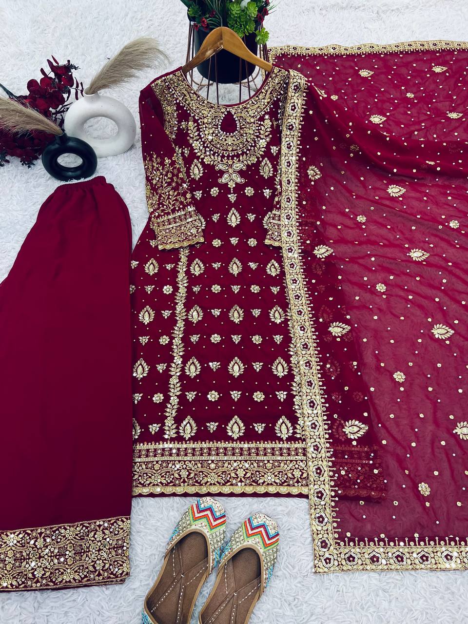 Georgette Embroidery Work Maroon Color Palazzo Suit