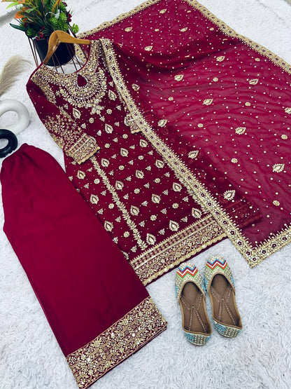 Georgette Embroidery Work Maroon Color Palazzo Suit
