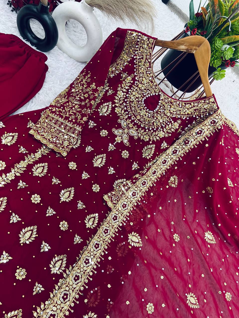 Georgette Embroidery Work Maroon Color Palazzo Suit