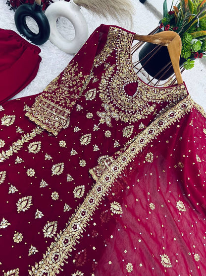 Georgette Embroidery Work Maroon Color Palazzo Suit