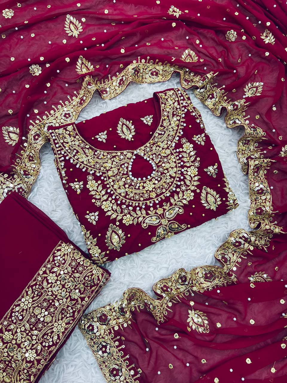 Georgette Embroidery Work Maroon Color Palazzo Suit