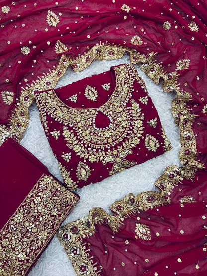Georgette Embroidery Work Maroon Color Palazzo Suit