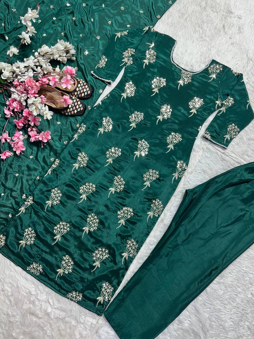 Charming Embroidery 5mm Sequence Work Green Color Sharara Suit