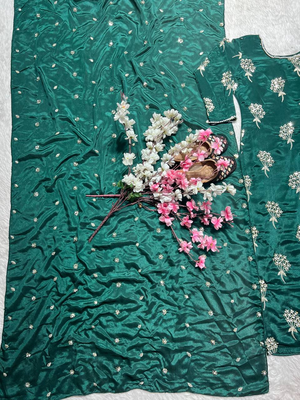 Charming Embroidery 5mm Sequence Work Green Color Sharara Suit
