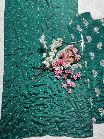 Charming Embroidery 5mm Sequence Work Green Color Sharara Suit