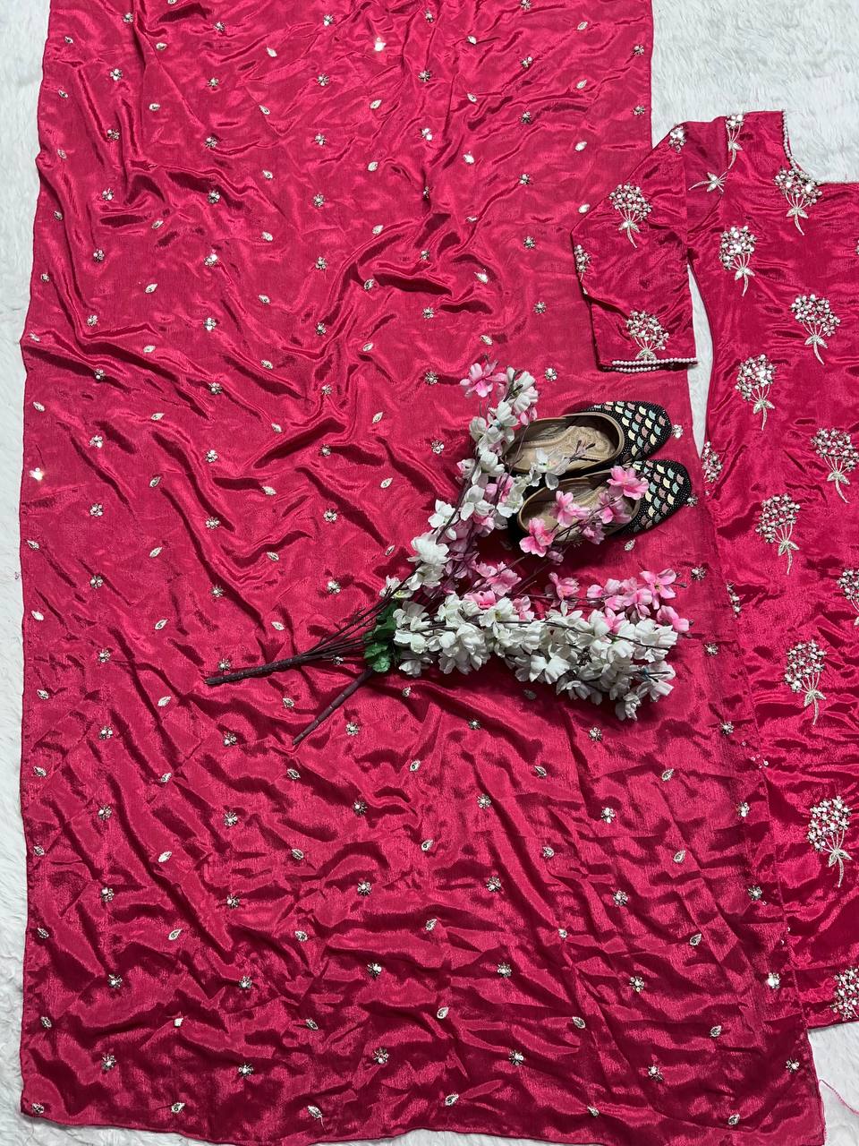 Charming Embroidery 5mm Sequence Work Red Color Sharara Suit
