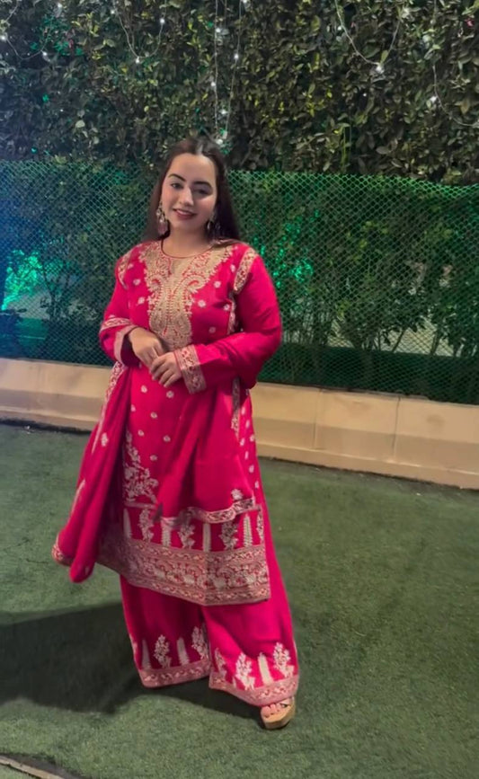 Outstanding Red Color Embroidery Coding Dori Sharara Suit