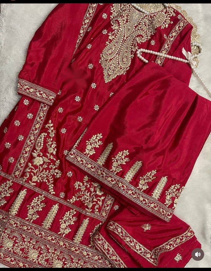 Outstanding Red Color Embroidery Coding Dori Sharara Suit