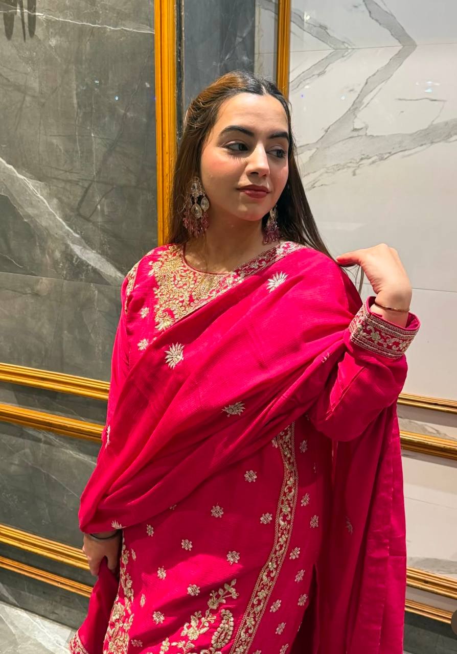 Outstanding Red Color Embroidery Coding Dori Sharara Suit