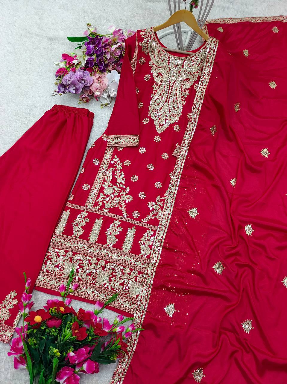 Outstanding Red Color Embroidery Coding Dori Sharara Suit