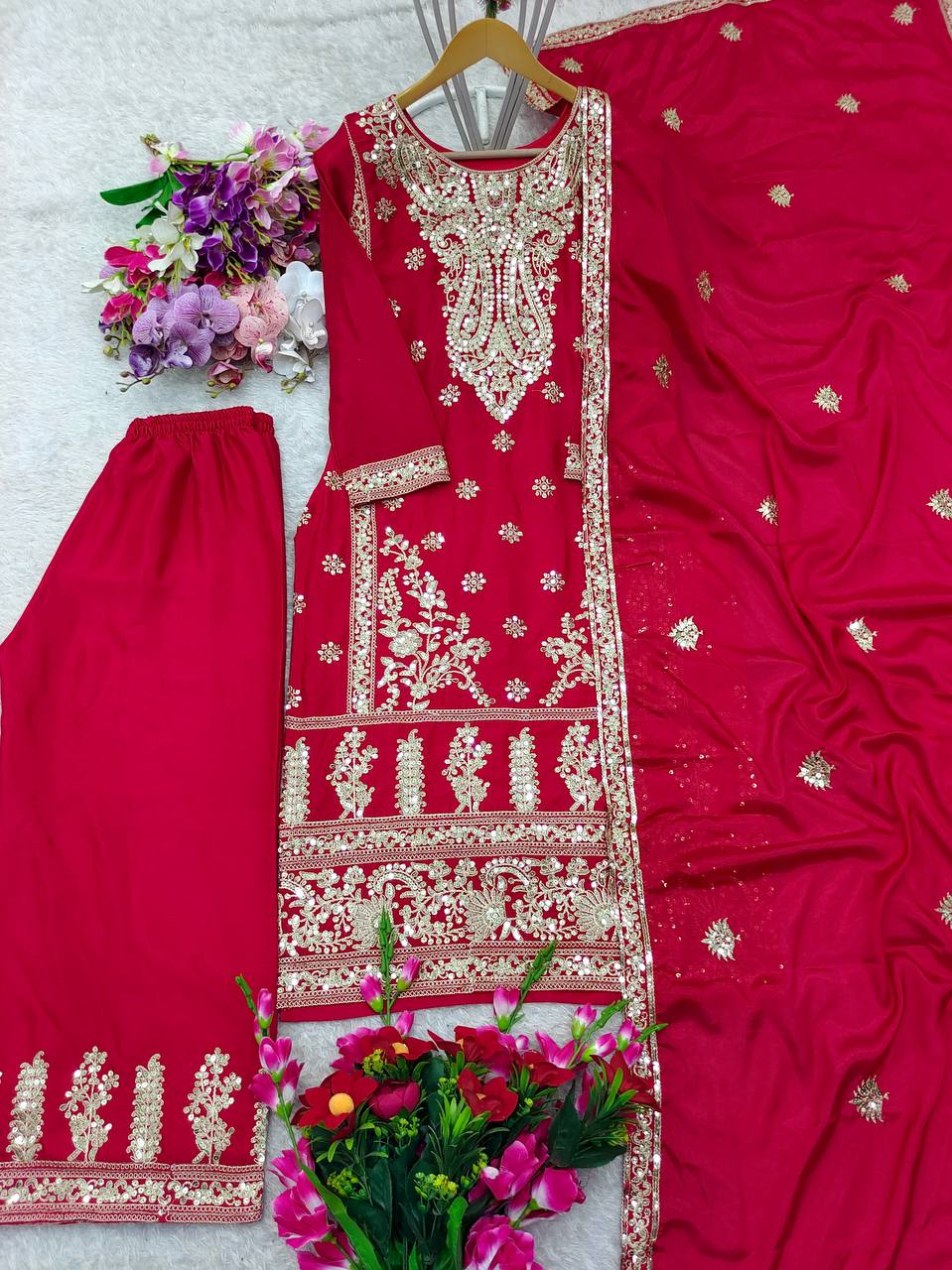 Outstanding Red Color Embroidery Coding Dori Sharara Suit