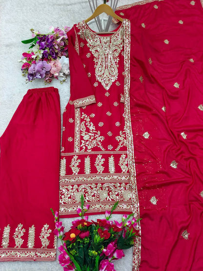 Outstanding Red Color Embroidery Coding Dori Sharara Suit