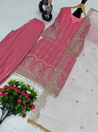Graceful Georgeet Pink Color Palazzo Suit
