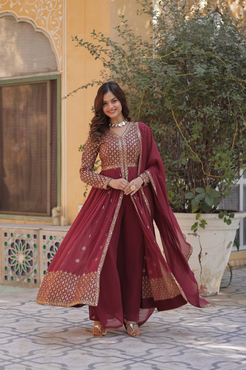 Blissful Georgette Pink Color Top With Bottom