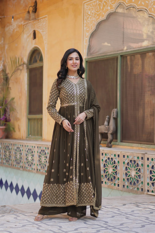 Blissful Georgette Mehndi Color Top With Bottom