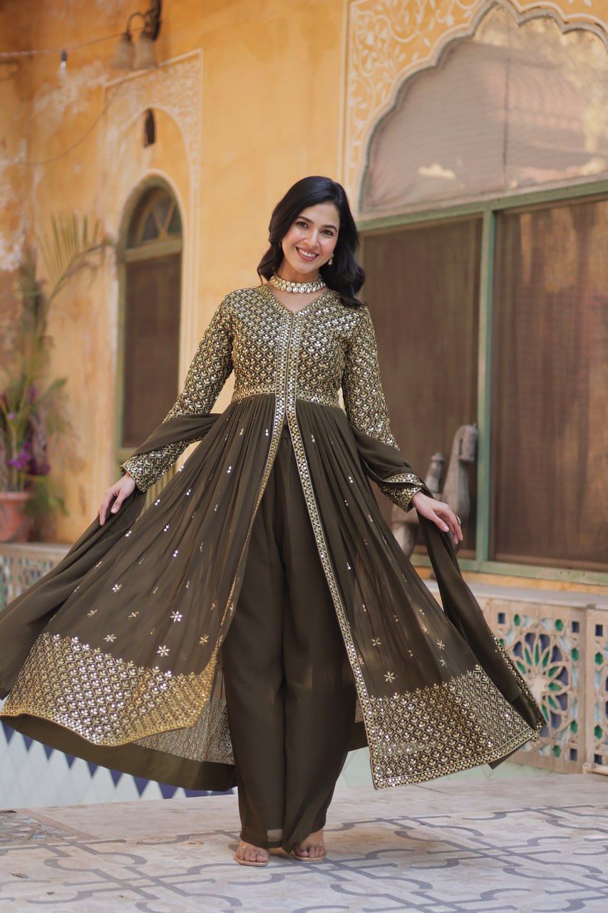 Blissful Georgette Mehndi Color Top With Bottom