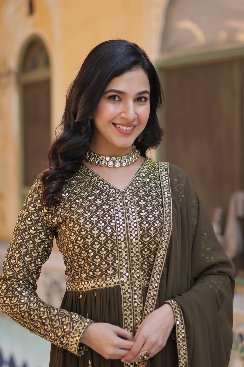 Blissful Georgette Mehndi Color Top With Bottom