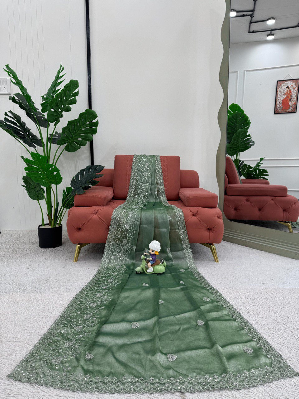 Elegant Burberry Silk Sequnce Work Perrot Green Color Saree
