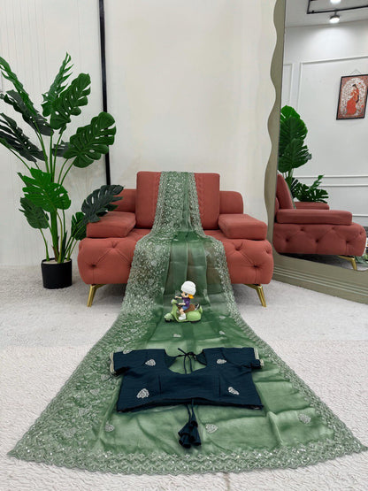 Elegant Burberry Silk Sequnce Work Perrot Green Color Saree