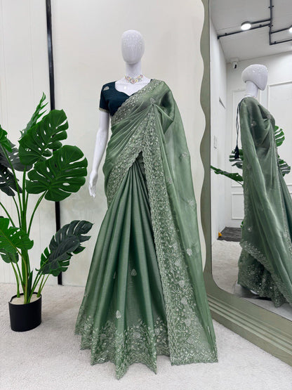 Elegant Burberry Silk Sequnce Work Perrot Green Color Saree