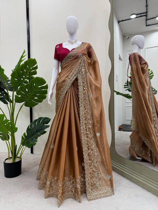Elegant Burberry Silk Sequnce Work Orange Color Saree