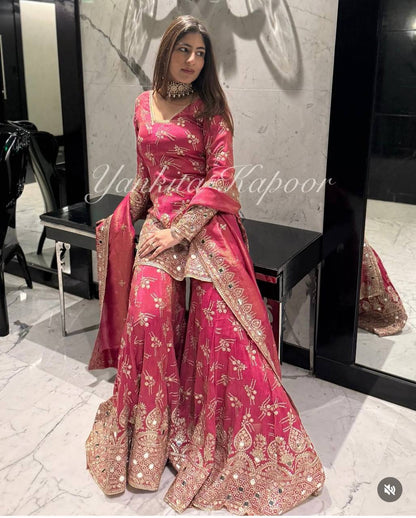 Designer Sequence Work Red Color Sharara Suit