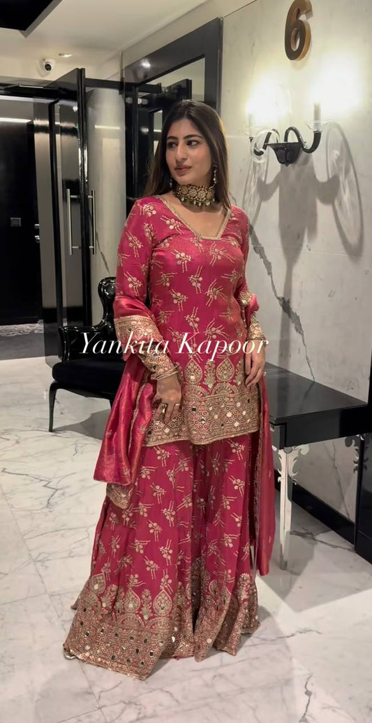 Designer Sequence Work Red Color Sharara Suit