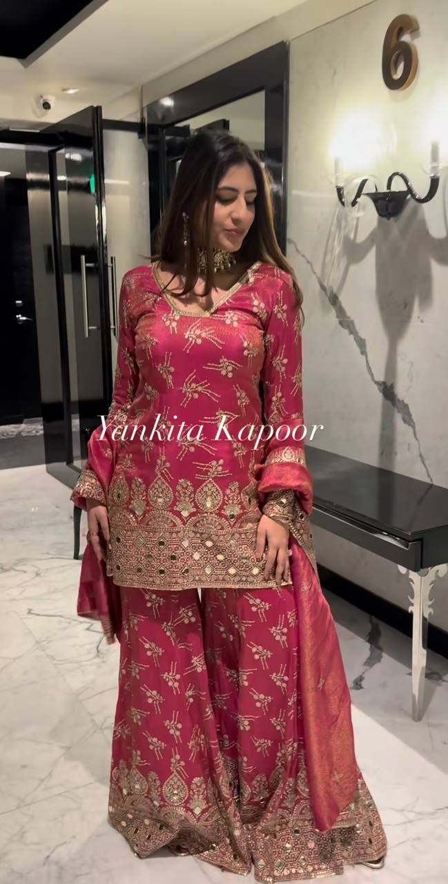 Designer Sequence Work Red Color Sharara Suit