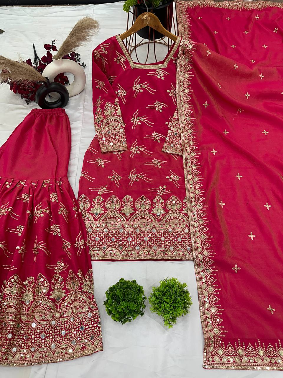 Designer Sequence Work Red Color Sharara Suit