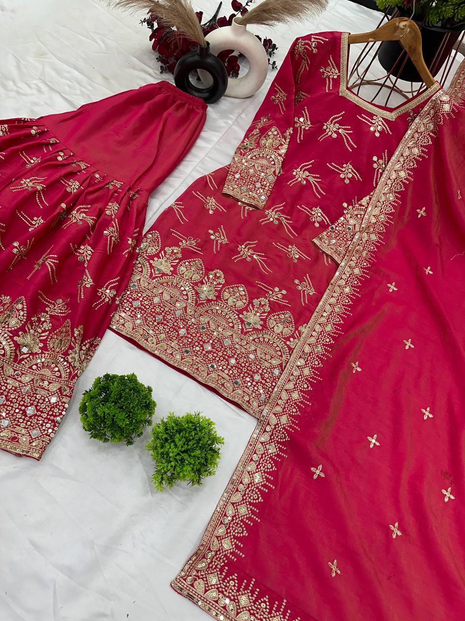 Designer Sequence Work Red Color Sharara Suit