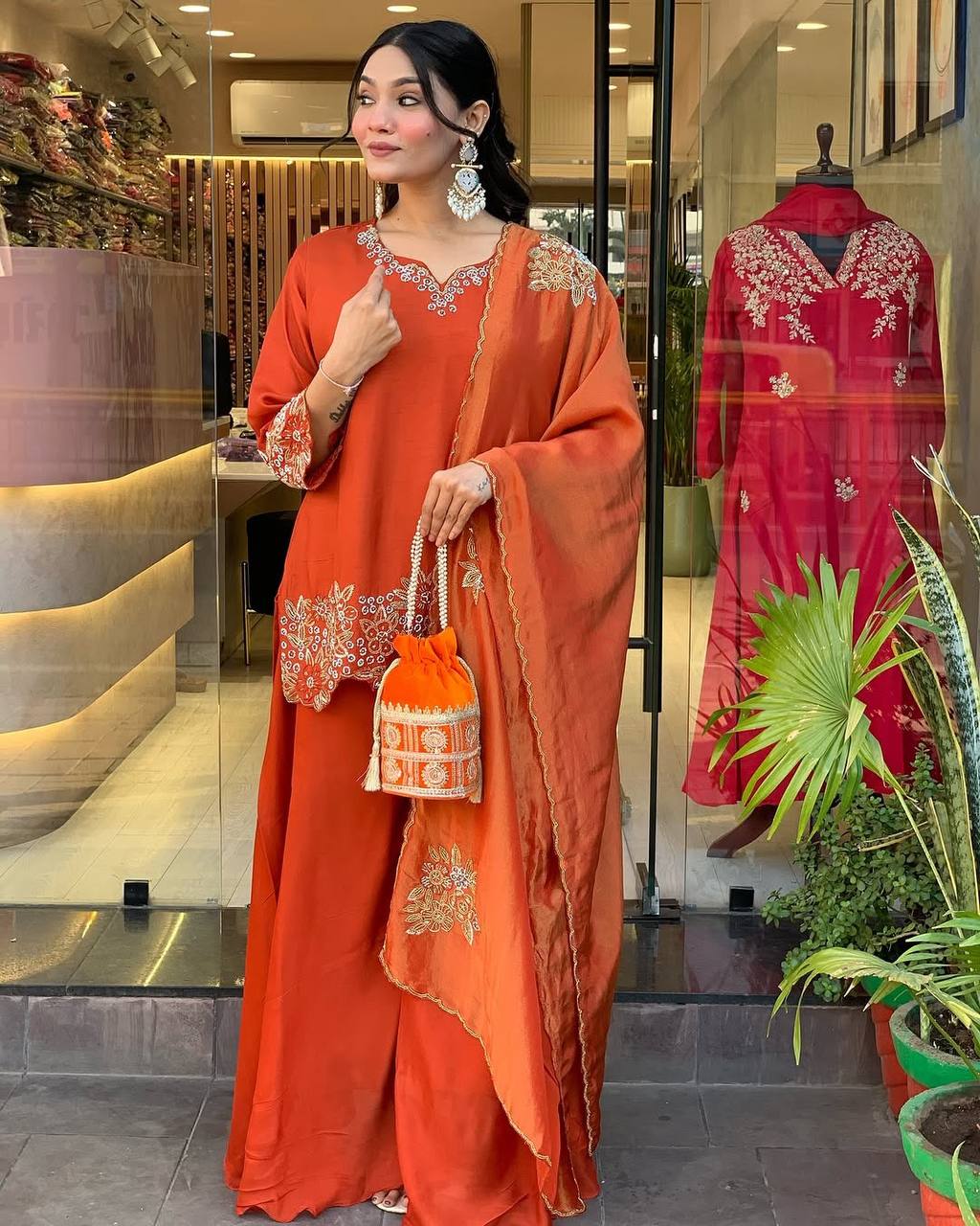 Fantastic Georgette Orange Color Sharara Suit