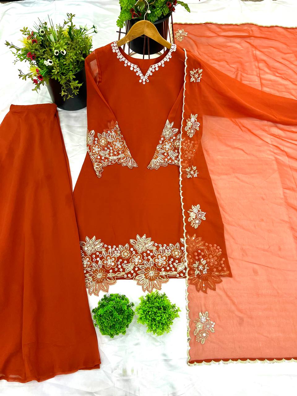 Fantastic Georgette Orange Color Sharara Suit