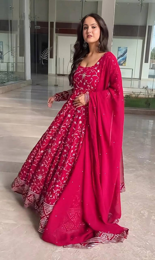 Charming Embroidered Work Pink Color Gown